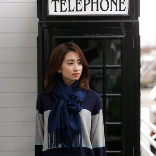 Cashmere100％ プレーン大判ストール Navy 無地 ネイビー