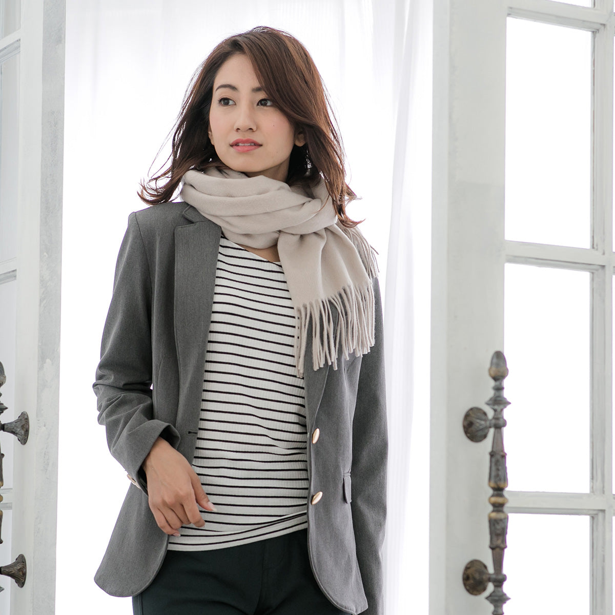 Cashmere100％ プレーンマフラー Grage 無地 グレージュ 35cm幅