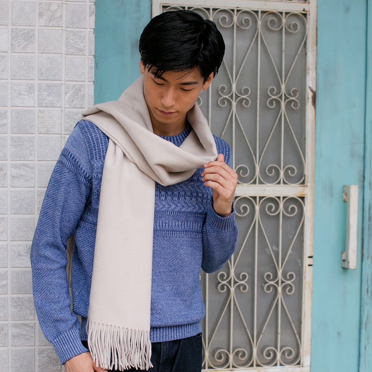 Cashmere100％ プレーンマフラー Grage 無地 グレージュ 35cm幅