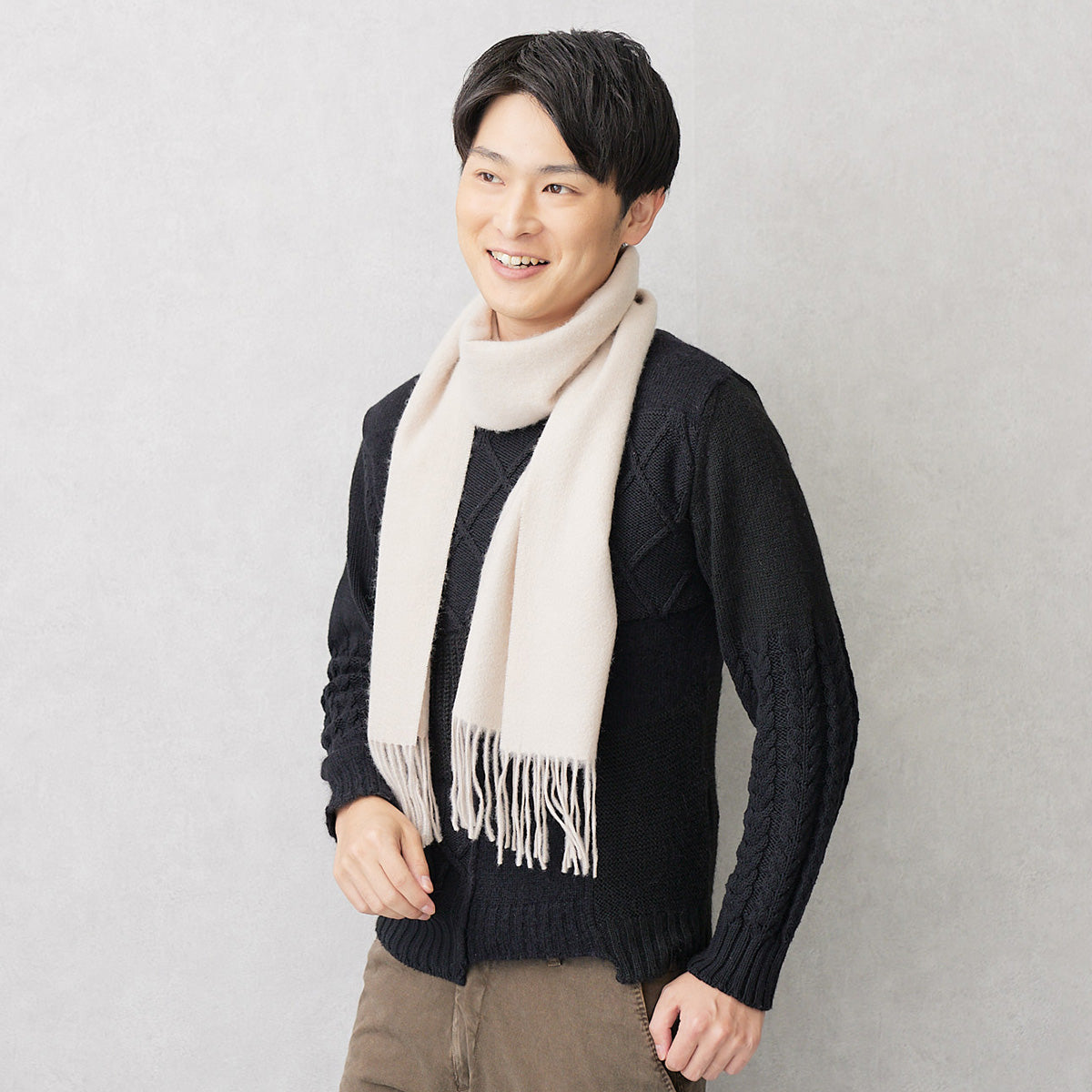 Cashmere100％ Men'sマフラー Grage 無地 グレージュ 30cm幅