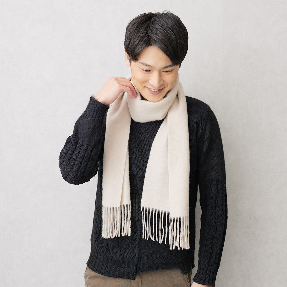 Cashmere100％ Men'sマフラー Grage 無地 グレージュ 30cm幅