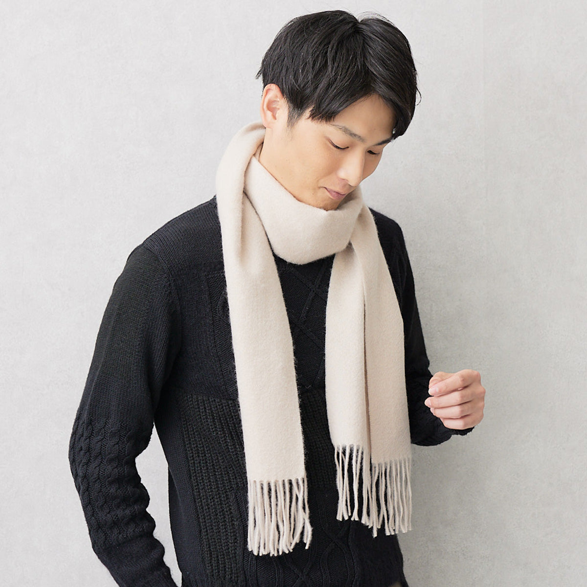 Cashmere100％ Men'sマフラー Grage 無地 グレージュ 30cm幅