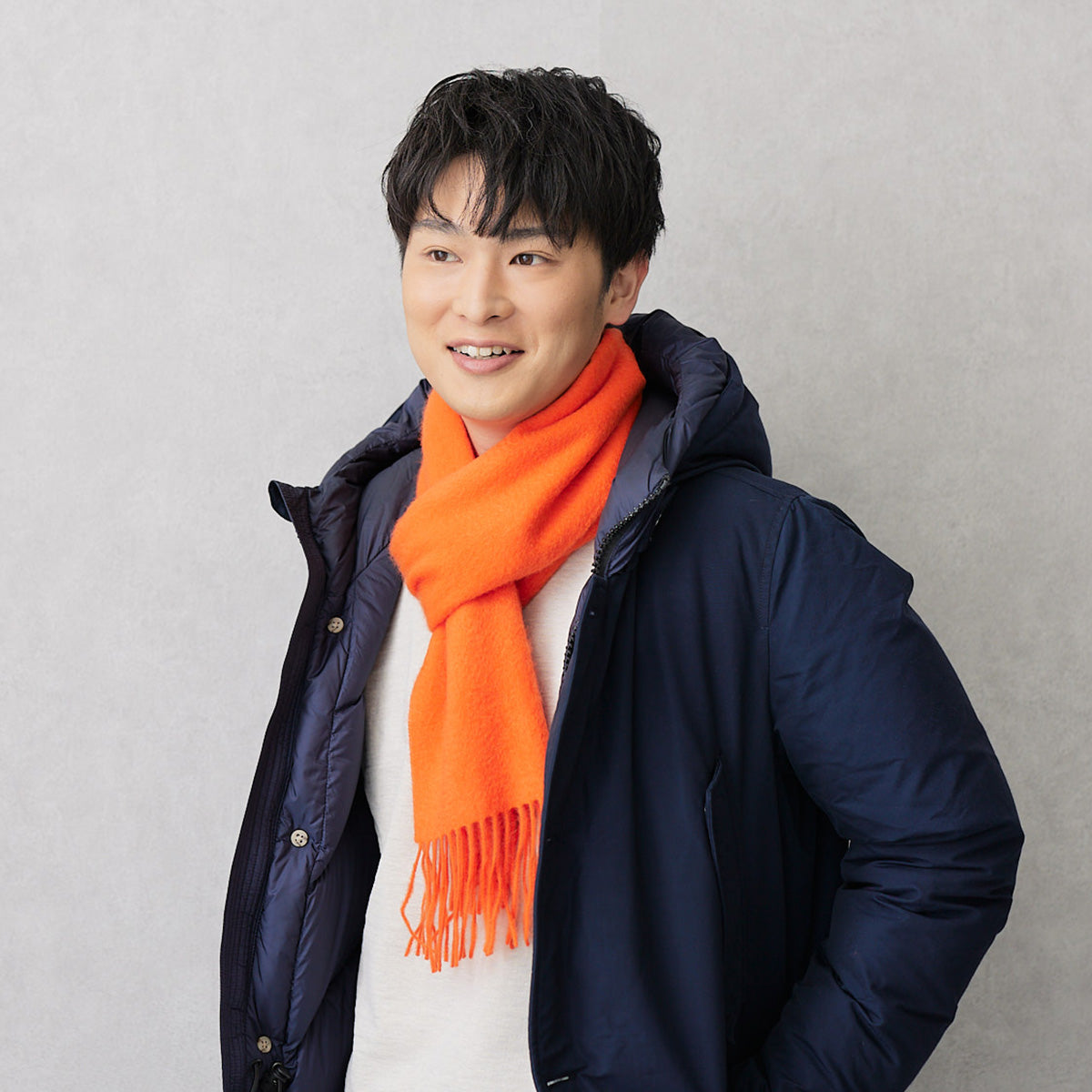 Cashmere100% Men'sマフラー Orange 無地 オレンジ 30cm幅
